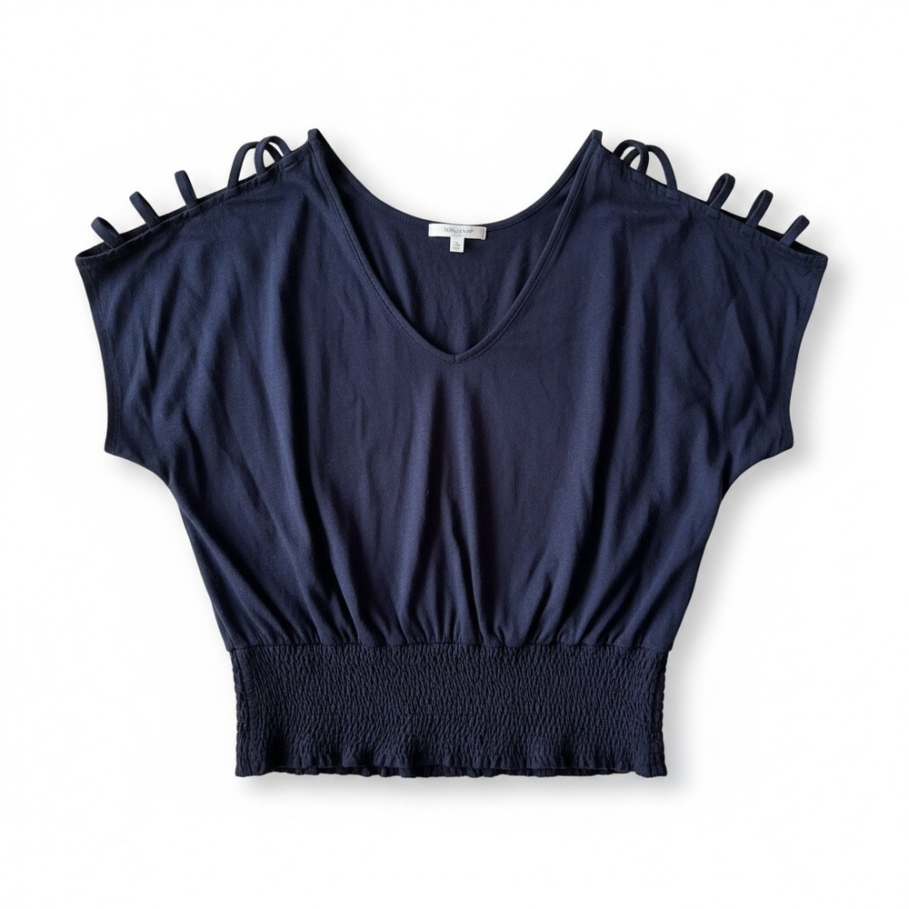 Navy Cold Shoulder Top Large Smocked Waist Strappy Boho Blouse
